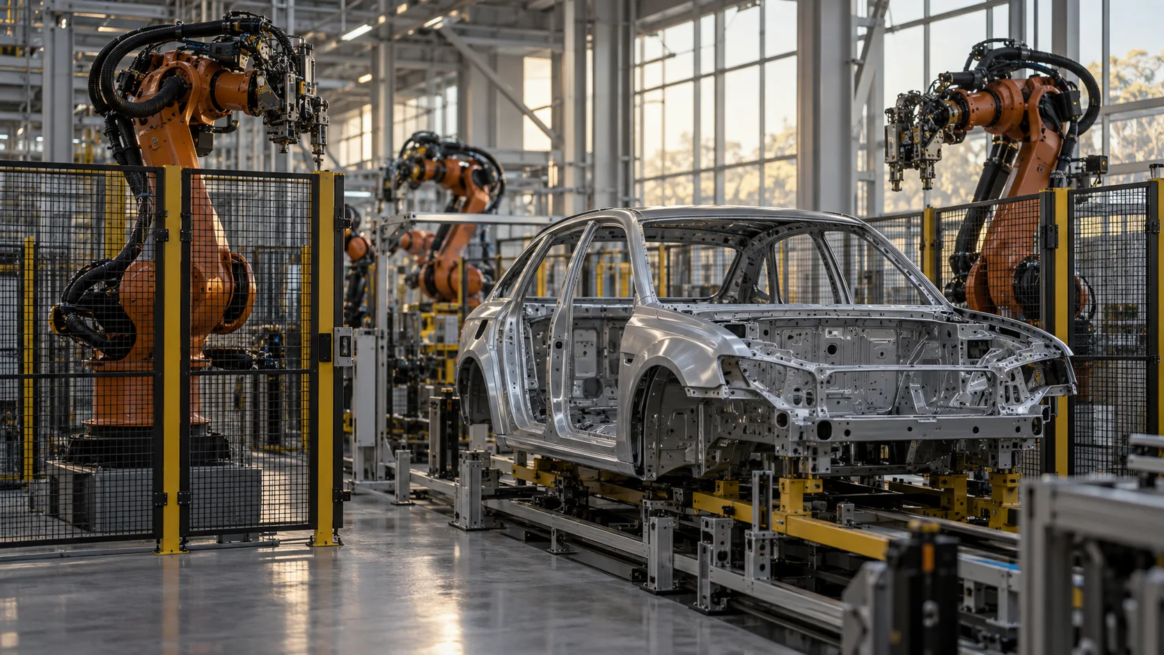 Orange industrial robots beside an unfinished vehicle body in a guarded assembly cell