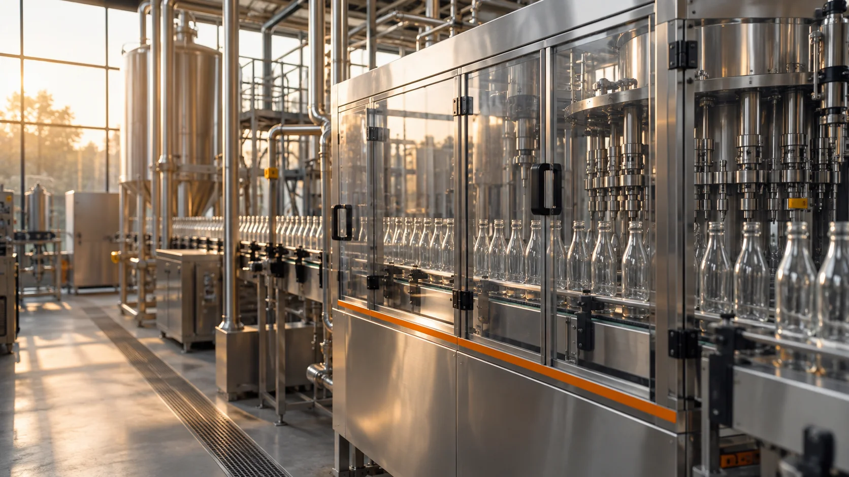 Stainless steel bottling equipment and unlabelled bottles on a production line