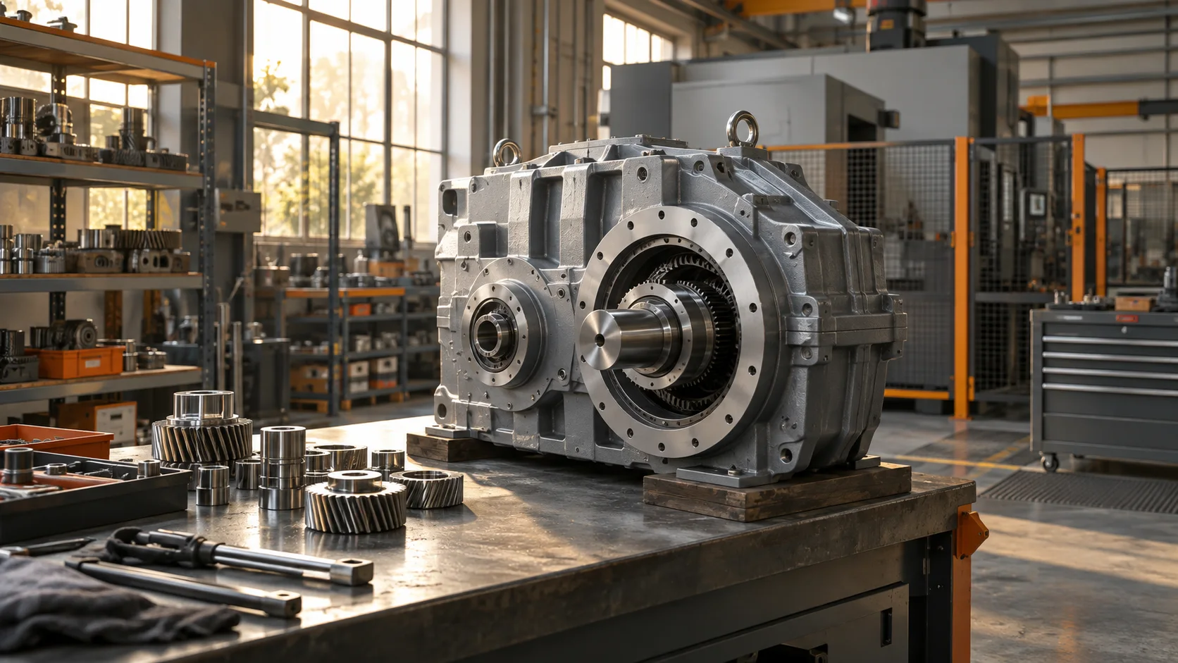 Industrial gear housing and organised components in a machine assembly workshop