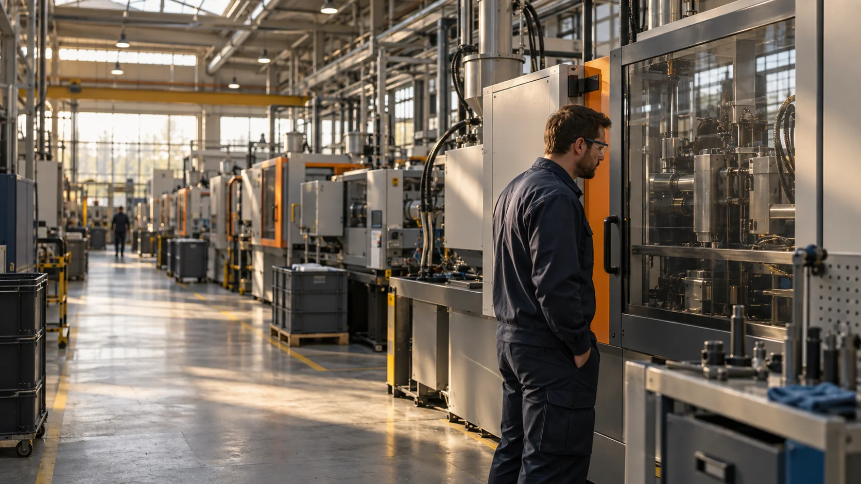 Maintenance engineer beside enclosed machinery on a sunlit manufacturing floor