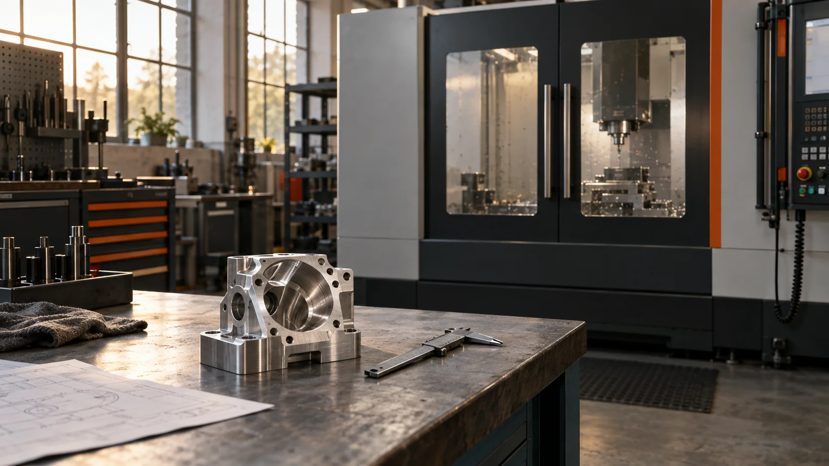 Precision metal component on a workbench beside an enclosed CNC machine