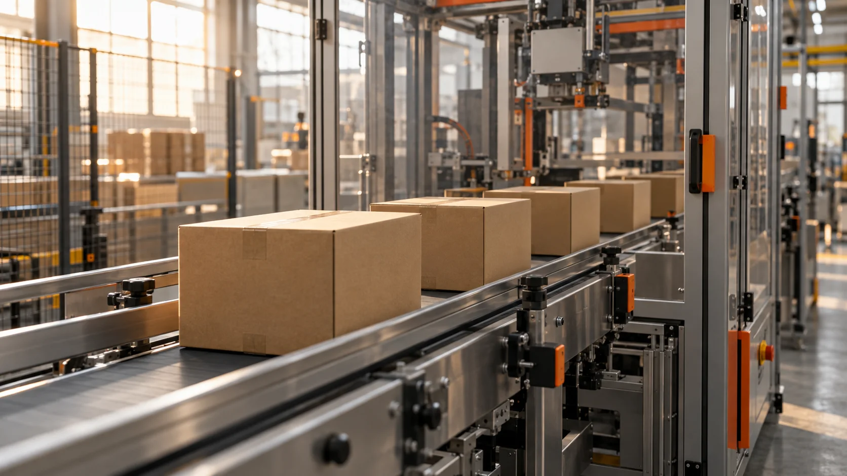 Plain cardboard cartons moving through a guarded industrial packaging line