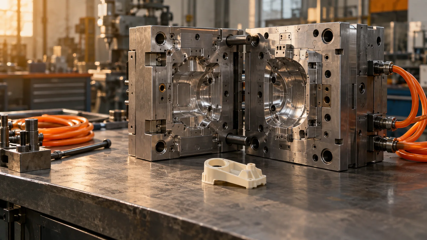 Precision injection mould and cooling hoses on a toolroom workbench