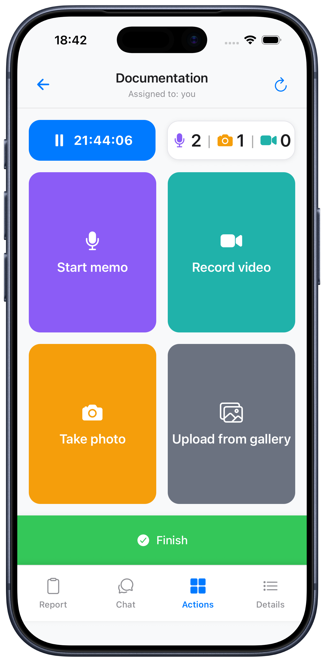 Sprachmemo, Video oder Foto zur automatischen Berichtserstellung erfassen